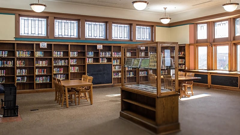 tables, chair and book shelves at Flagg-Rochelle Public Library