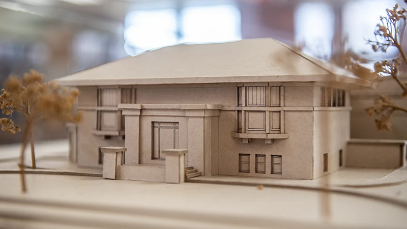 Small model of the Flagg-Rochelle Public Library building