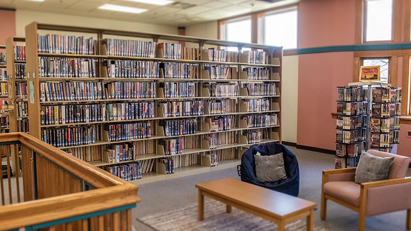 lounging chairs with a coffee table and book shelves as the Flagg-Rochelle Public Library